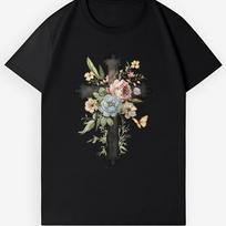 Gothic Floral Cross T-Shirt | Butterfly & Rose Design | Unisex Cotton Tee M