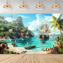 1 PC pirate themed party background - Caribbean beach islands with pirate ships, treasure chests, and treasure maps 180X110