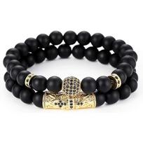 Cross Tiger Eye Copper Micro-inlaid Elastic Bracelet Set: Black Frosted Zirconia Beads in Punk Style