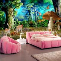 3D Sieninis Fototapetas Animacinis Miškas Grybas Elnias Sienų Popierius Vaikų Kambario Fono Dekoravimas 200 cm(W) x 140 cm(H)