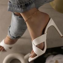 2024 summer new style square head cross strap stiletto heels women's solid color sandals and slippers 43 43