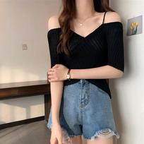 Hot Girl One Shoulder Strap Off Shoulder Short Sleeve Knitted Shirt Women's Summer Irregular Cross Short Top S