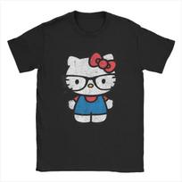 Hello Kitty Distressed Nerd Glasses T-Shirts for Men Novelty Pure Cotton Tees Crew Neck Short Sleeve T Shirt  Clothes#Color S juoda