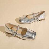 2025 summer new flat-soled single shoes square head shallow mouth one-word buckle Mary Jane shoes with skirt women's shoes 35
