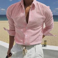 Men's Casual Striped Turn-Down Collar Button-Down Shirt - Business Casual Top M raudona