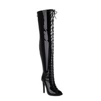 Fashion Women's Over the Knee Thigh High Boot Sexy Peep Toe Lace-up Patent White Night-club Dance Fetish Party Shoes Lady Big Size 44 34 juoda