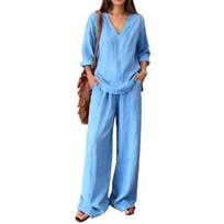 Women Linen 2 Piece Sets Summer Long Sleeve V Neck Shirts Matching Wide Leg Pants Lounge Sets Casual Beach Vacation Outfits M mėlyna