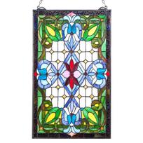 Vitražinis lango skydas, 433 x 731 mm, Tiffany stiliaus kabinamas viršdurio lango skydas su grandine, Didelis vertikalus stačiakampis vitražas, Vintažinis
