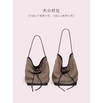 Lazy wind bag women's new ramie with first layer cowhide single shoulder underarm tote bag large capacity bucket bag