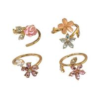 4 pcs Simple Rhinestone Flower Rings Light Luxury Alloy Opening Finger Ring Adjustable Crystal Finger Jewelry Ladies Jewelry