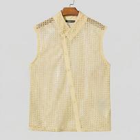 INCERUN Summer Men Sleeveless Mesh See Through Stitching Beach Tank Tops S