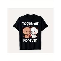 Men's Bubu & Dudu Anime Couples T-Shirt - Cute Bubu & Dudu Graphic with Hearts & Together Forever Text - Soft Black Cotton Shirt for Anime Fans, S juoda