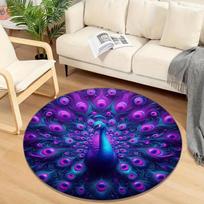 Peacock Feather Round Rug Flannel Purple Blue Neon Glow Animal Art Decor Luxury Bedroom Bathroom Floor Mat Elegant PlushShedding 60cm x 60cm