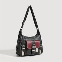 Vintage Leather Women's Bag, Y2k Spicy Girl Motorcycle Crossbody Bag, Large Capacity Ctrasting Single Shoulder Bags