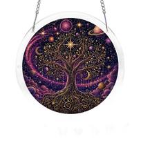 Acrylic Suncatcher Window Hanging Ornament Tree of Life Design Circular Decorative Glass Panel with Metal Chain for Home Decoration One Size