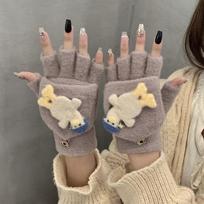 Cartoon Half Finger Gloves  Winter Mittens Kawaii Flip Plush Gloves  Writting