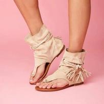 Women Summer Open Toe Flat Tassel Over Knee Boots Roman Sandals Elegant Large Size 35-43 Daily Walking Shoes 35