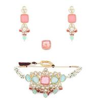 Multicolor Stones & Beads Multistrand Beaded Kundan Choker Necklace Earring & Ring Set For Women Onesize