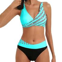 2Pcs/Set Women Sexy Bikini Set Contrast Color Striped Print Padded Bra High Waist Briefs Set Push Up Swimsuit L