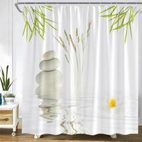 Zen Green Bamboo Shower Curta Purple Orchid Butterfly Flowers Plants Black Stone Spa Nature Scenery Fabric Bathroom Decor Set (as the picture,90x180cm-35x70in)