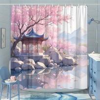 Zen Garden with Pagoda and Cherry Blossoms Shower Curtain - Water-Resistant, Easy to Clean, Adds a Peaceful and Oriental (as the picture,90x180cm)