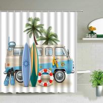 Vintage Summer Holiday Retro Bus Camper Van Shower Curta Surfboard Palm Tree Bathroom Home Decor Bathtub Curtain With Hooks (as the picture,35x70in-90x180cm)