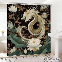 Oriental Dragon & Lotus Shower Curtain – White Dragon, Gold Accents, Black Background, Polyester, 71 x71 , 12 Hooks, Waterproof (as the picture,W90xH180CM)