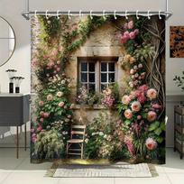 Rustic Cottage Shower Curtain Waterproof Fabric Bathroom Curtain Vintage Stone Wall Flower Vine Print Bath Screen Divider Home (as the picture,90x180cm35x71in)