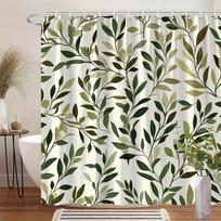 Leafy Branches Shower Curtain - Green & Brown Botanical Design, Light Cream Background,  12 Hooks, Machine Washable, Bath Deco (as the picture,90x180cm)
