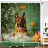 German Shepherd in Bubble Bath Shower Curtain – Fish Toys, Green Tiles, Polyester, Machine Washable, Whimsical Pet Theme (as the picture,90x180cm35x71in)