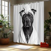 Pitbull Bathrobe Shower Curtain - Black & White Dog Design, Includes Turban & Robe, Polyester,  70.8x70.8 Inches, Washable (as the picture,W90XH180cm)