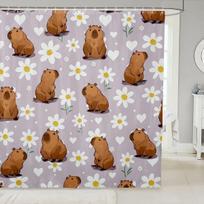 Cute Capybara Shower Curtain, Cartoon Capybara with Bubble Tea & Burger Print,Waterproof Fabric for Bathroom, Funny Foodie Decor (as the picture,W90xH180cm-35x70in)