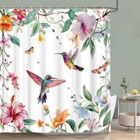 Hummingbird Floral Shower Curtain Birds Watercolour on Flower Branches Printed Polyester Bath Curta Bathroom Decor with Hoo (as the picture,90x180cm)