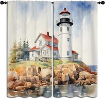 Nautical Lighthouse Rod Pocket Blackout Curta For Boy Girl Bedroom, Waves Seagull Blue Watercolor Art Thermal Insulated Home 53x116CM-2PC