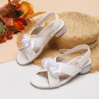 Girls' White Rhinestone Bow Low-Heel Sandals 32