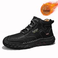 Men's High-Top Leather Boots with Fleece Lining - Hand-Stitched and Warm, Ideal for Autumn/Winter 39