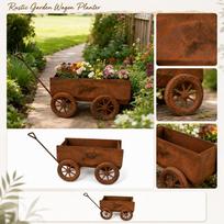 Rustic Metal Garden Wagon Planter Outdoor Decorative Flower Pot with Wheels and Handle for Patio Yard Lawn Plant Display one size
