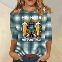 Women's Casual Three Quarter Sleeve Oktoberfest Print Round Neck Top Checkered Pattern Lightweight Comfortable Fit L