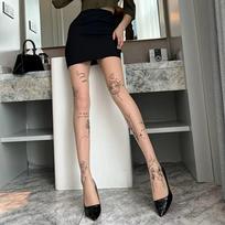 Sexy Flower Letter Tattoos Pantyhose Sheer High-waisted Silk Stockings Elastic Breathable Long Socks Daily Wear One Size