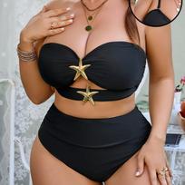 2 Piece Plus Size Bandeau Bikini Set Removable Strap Gold Starfish High Waist Push Up Solid Black Swimsuit Beach Bathing Suit 2XL