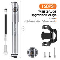 WEST BIKING Mini Bike Pump 160Psi Portable High Pressure Gauge Hand Pump Bicycle Accessories Schrader Presta Valve Cycling Pump 160 PSI Silver