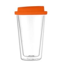 350 ml dvigubų sienelių stiklinė su silikoniniu dangteliu, izoliuotas gertuvas kelionėms, karštiems ir šaltiems gėrimams, arbatai, pienui, puodelis iš aukšto borosilikatinio stiklo, kavos puodelis oranžinė