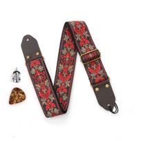 Vintage Flowers Embroidered Guitar Strap Leather Head Adjustable Guitar Strap Belt Ultra Thick Tail Nail Pick