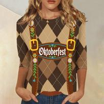 Women's Casual Three Quarter Sleeve Oktoberfest Print Round Neck Top Plaid Pattern Lightweight Fabric Comfortable Fit L ruda
