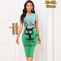 Slim Short Sleeve Knee-length Dress Fashion Women Midi 3D Sad Kitten Print Dress XS