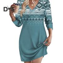 Moteriška suknelė V kaklo Retro geometrinio rašto gradiento kontrasto spalvos ilgomis rankovėmis laisvas megztinis Minkštas, kvėpuojantis virš kelių Moteriška mini suknelė 3XL