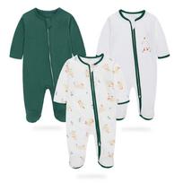 3Pc Baby Jumpsuit Spring and Autumn Long-Sleeved Foot-Wrapped Jumpsuit Baby Romper Zipper Non-Slip Newborn Clothes 59cm（0-3） žalia