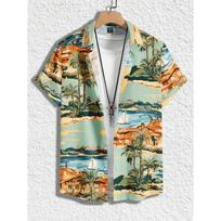 Seaside Beach Palm Tree Print Design Men Women Lapel Shirt Side Casual Short Sleeve Button Shirt Fashion Lapel Top S