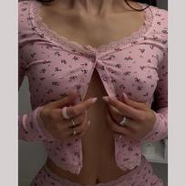 Floral Print Bodycon Low-Cut Round Neck Long Sleeve Top & Shorts Homewear Ensemble Extra Large