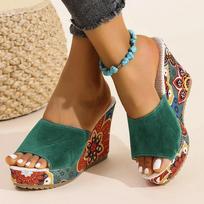 Fashion Floral Print Wedge Heel Sandals for Women Summer 2025 Ethnic Style Chunky Platform Slippers Woman Thick Bottom Peep Toe Slides 35 žalia